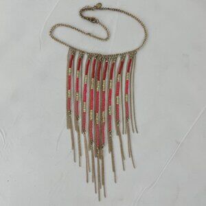 Boho-Chic Fringe Necklace 19" -21" Multicolor Beads Gold Tone Chains By Claires